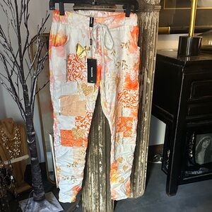 Floral Patchwork Joggers with Gold Accents -NWT